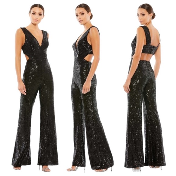 Mac Duggal 26691 Sequin V Neck Cut Out JumpsuitWomen Black Wedding Cocktail 12